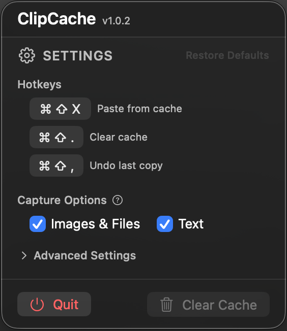ClipCache Settings Window